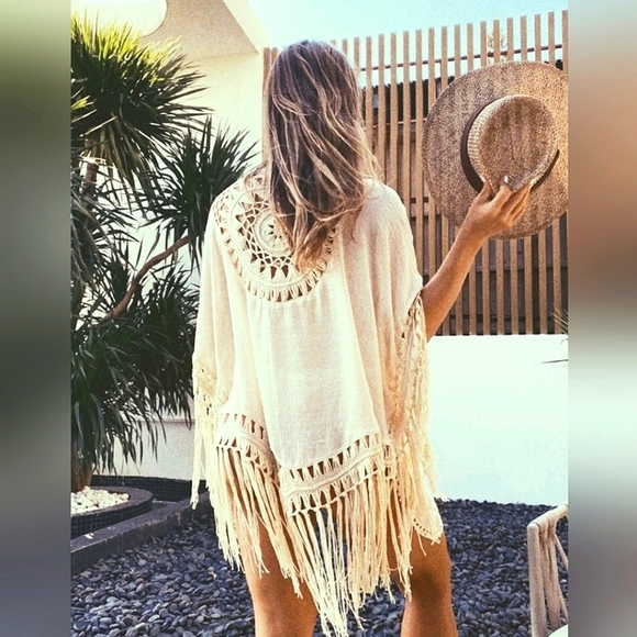 Other - New Boho Chic Crochet Fringe Tassel Cover Up Kimono Cardigan Beige Tan